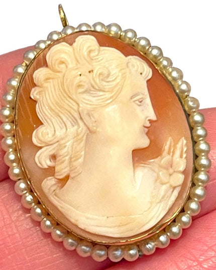 Vintage Hand Carved shell 12K Gold Filled Victorian Lady FWP trim brooch pendant