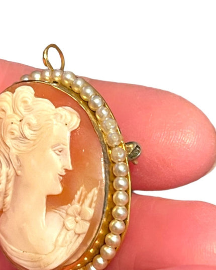 Vintage Hand Carved shell 12K Gold Filled Victorian Lady FWP trim brooch pendant
