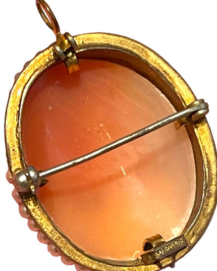 Vintage Hand Carved shell 12K Gold Filled Victorian Lady FWP trim brooch pendant
