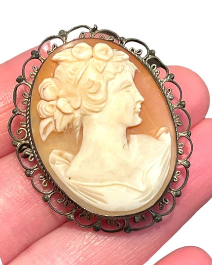Vintage Silver filagree Hand carved shell Cameo Victorian Lady Large