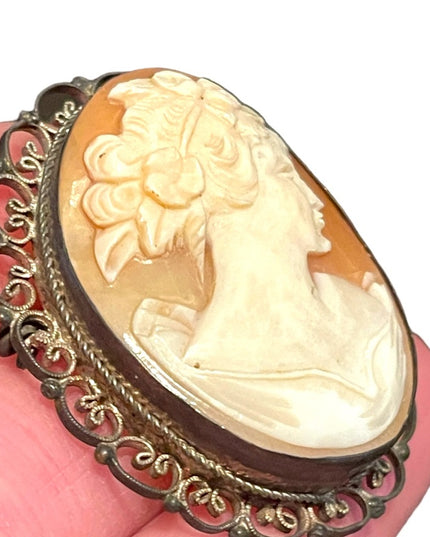 Vintage Silver filagree Hand carved shell Cameo Victorian Lady Large