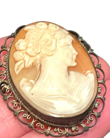 Vintage Silver filagree Hand carved shell Cameo Victorian Lady Large