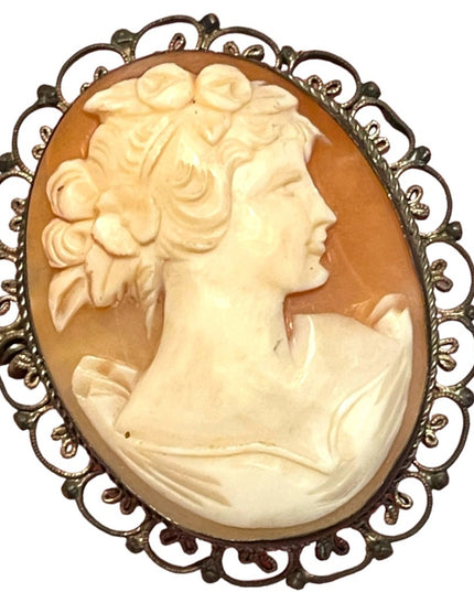 Vintage Silver filagree Hand carved shell Cameo Victorian Lady Large