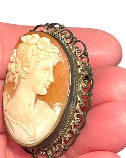 Vintage Silver filagree Hand carved shell Cameo Victorian Lady Large
