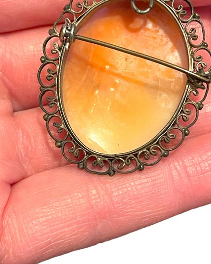 Vintage Silver filagree Hand carved shell Cameo Victorian Lady Large