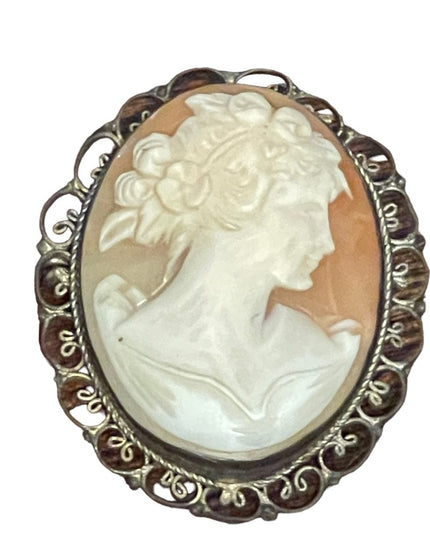 Vintage Silver filagree Hand carved shell Cameo Victorian Lady Large