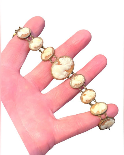 Stunning Antique Art Deco Italy Carved Shell Cameo Link Bracelet 900 GF wash