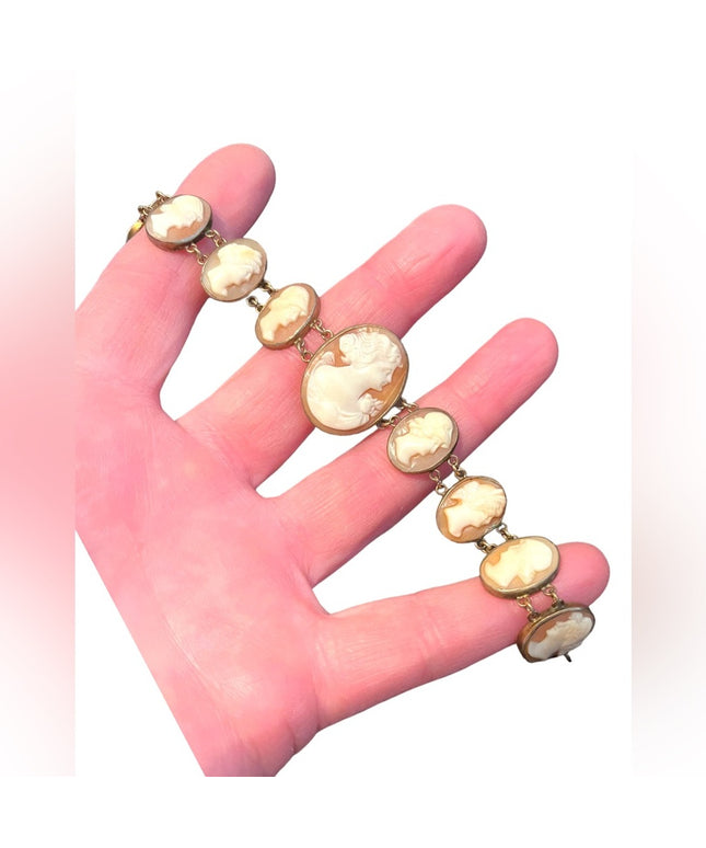 Stunning Antique Art Deco Italy Carved Shell Cameo Link Bracelet 900 GF wash