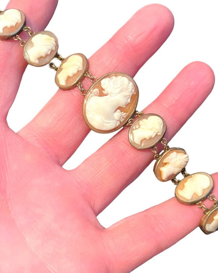 Stunning Antique Art Deco Italy Carved Shell Cameo Link Bracelet 900 GF wash