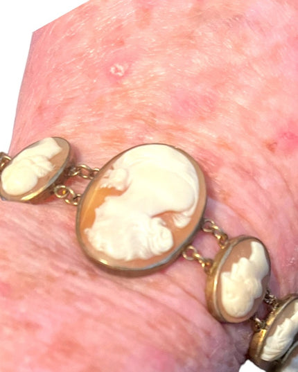 Stunning Antique Art Deco Italy Carved Shell Cameo Link Bracelet 900 GF wash