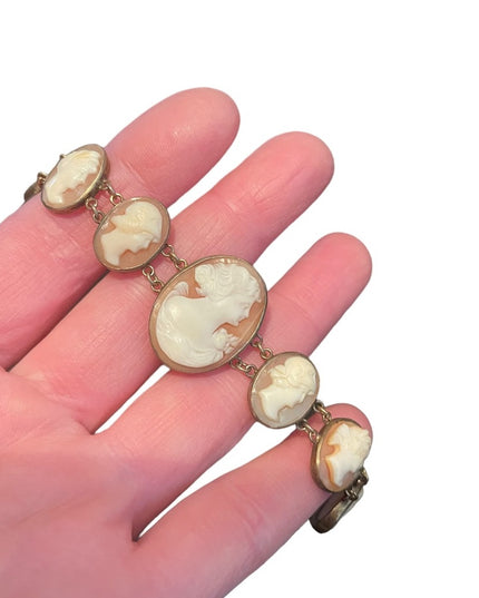 Stunning Antique Art Deco Italy Carved Shell Cameo Link Bracelet 900 GF wash