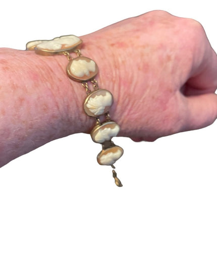Stunning Antique Art Deco Italy Carved Shell Cameo Link Bracelet 900 GF wash