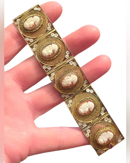 Vintage 800 Italy Gold wash Fancy filagree shell cameo bracelet chunky bangle