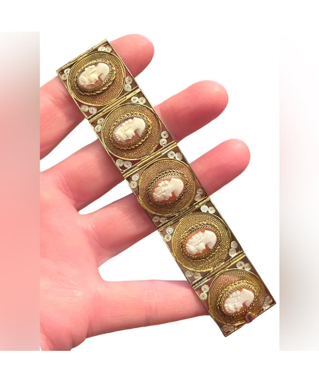 Vintage 800 Italy Gold wash Fancy filagree shell cameo bracelet chunky bangle