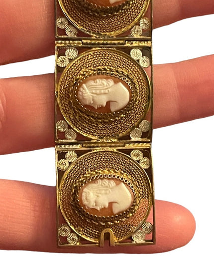 Vintage 800 Italy Gold wash Fancy filagree shell cameo bracelet chunky bangle