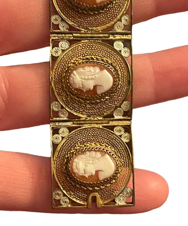 Vintage 800 Italy Gold wash Fancy filagree shell cameo bracelet chunky bangle