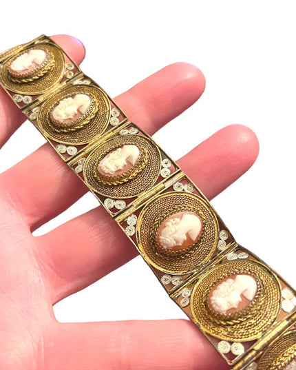 Vintage 800 Italy Gold wash Fancy filagree shell cameo bracelet chunky bangle