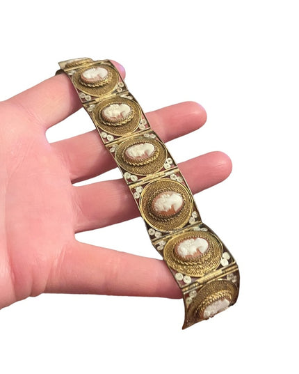 Vintage 800 Italy Gold wash Fancy filagree shell cameo bracelet chunky bangle