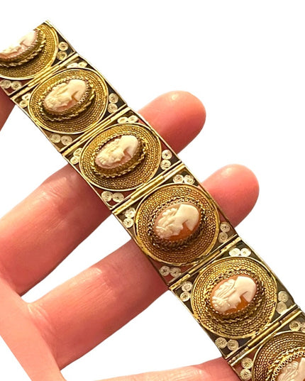 Vintage 800 Italy Gold wash Fancy filagree shell cameo bracelet chunky bangle