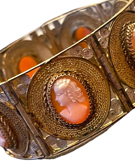Vintage 800 Italy Gold wash Fancy filagree shell cameo bracelet chunky bangle