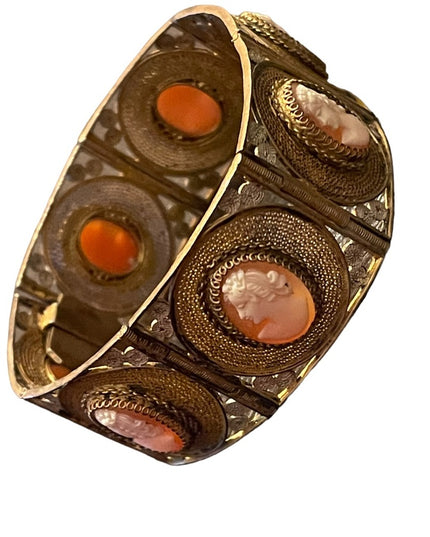 Vintage 800 Italy Gold wash Fancy filagree shell cameo bracelet chunky bangle