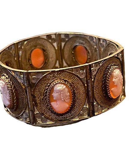 Vintage 800 Italy Gold wash Fancy filagree shell cameo bracelet chunky bangle