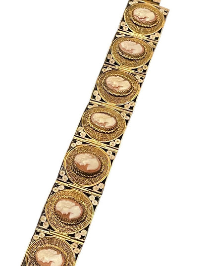 Vintage 800 Italy Gold wash Fancy filagree shell cameo bracelet chunky bangle