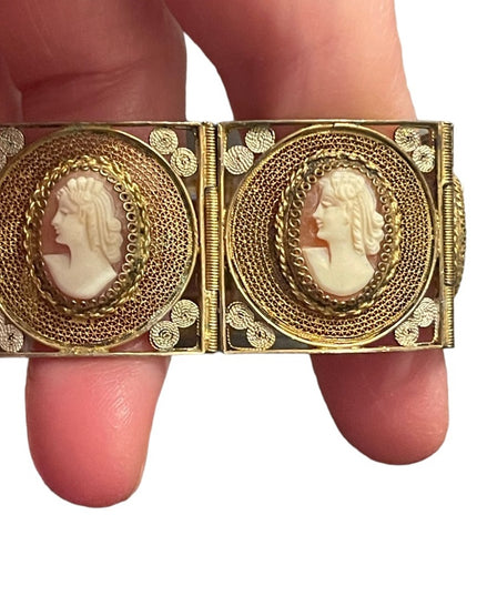 Vintage 800 Italy Gold wash Fancy filagree shell cameo bracelet chunky bangle