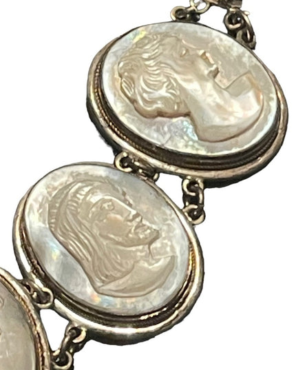 Antique MOP Pearl Hand carved sterling 800 Silver hand carved Cameo Bracelet