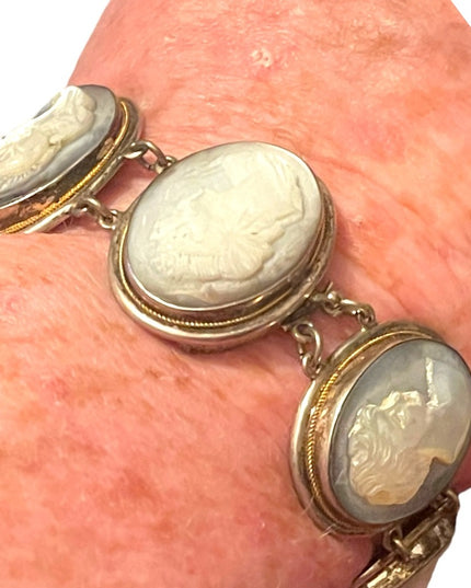 Antique MOP Pearl Hand carved sterling 800 Silver hand carved Cameo Bracelet