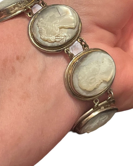 Antique MOP Pearl Hand carved sterling 800 Silver hand carved Cameo Bracelet
