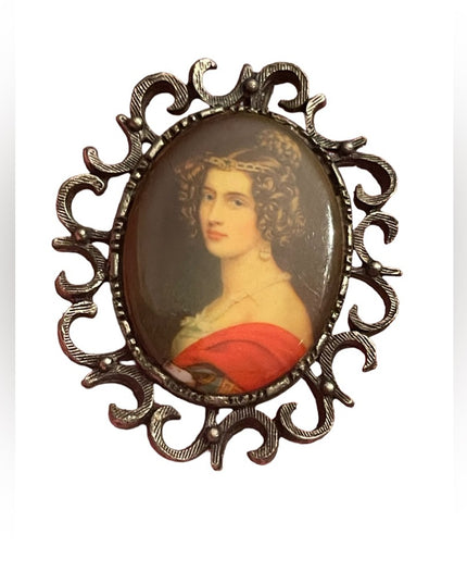 Vintage ornate antiqued silver frame Ceramic transfer cameo brooch pendant
