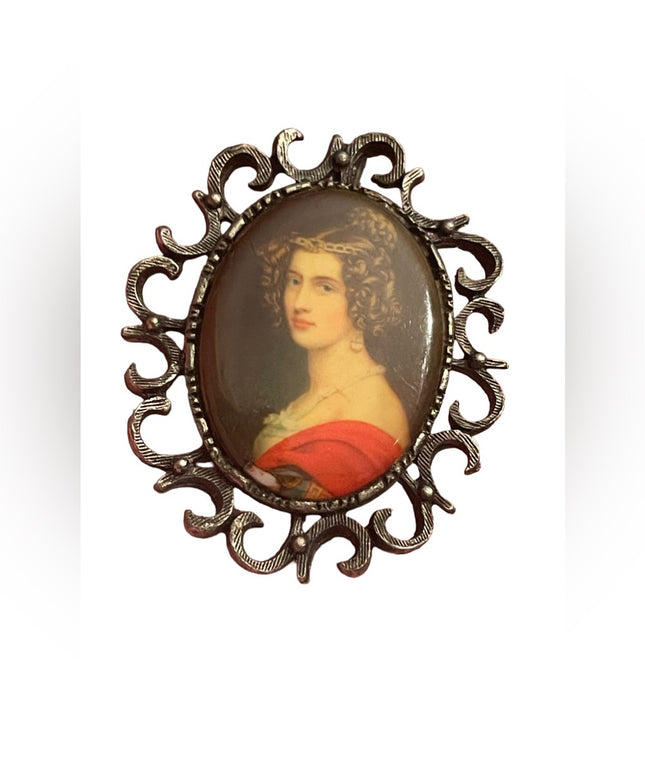 Vintage ornate antiqued silver frame Ceramic transfer cameo brooch pendant