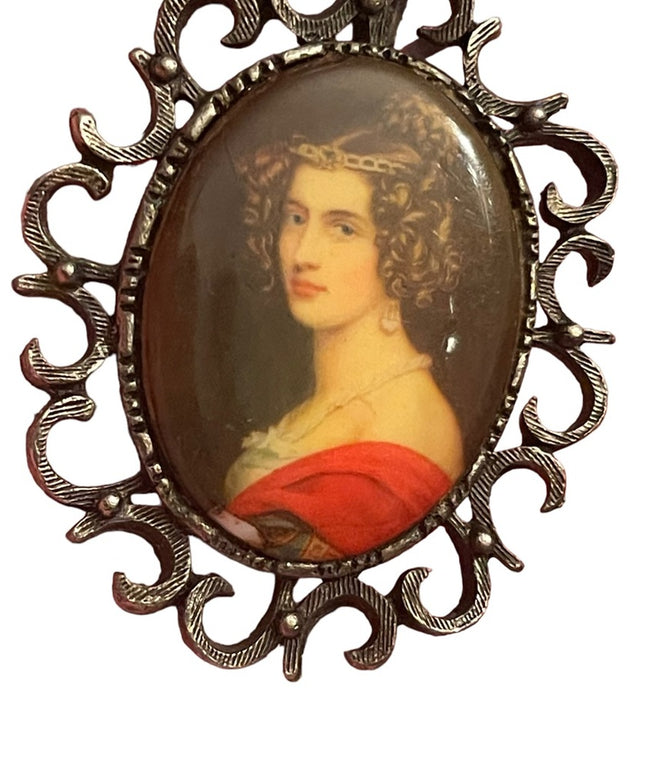 Vintage ornate antiqued silver frame Ceramic transfer cameo brooch pendant