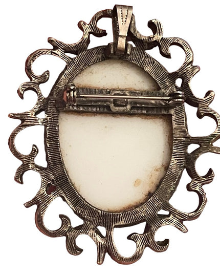 Vintage ornate antiqued silver frame Ceramic transfer cameo brooch pendant