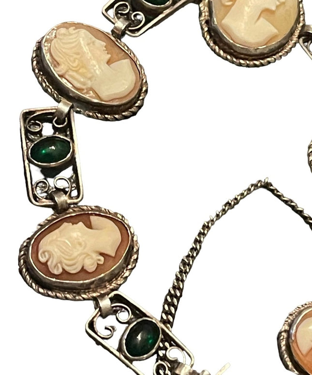 Stunning vintage 800  silver antique hand carved shell cameo link bracelet