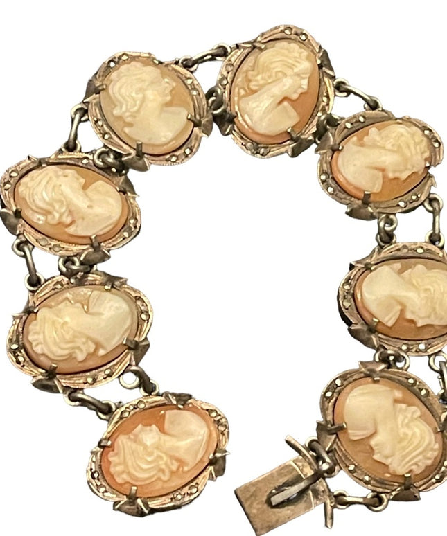 Stunning antique 800 silver Carved shell cameo victorian art deco Bracelet