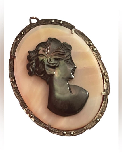 Antique 800 silver sterling MOP & Abalone hand carved pendant Cameo Brooch
