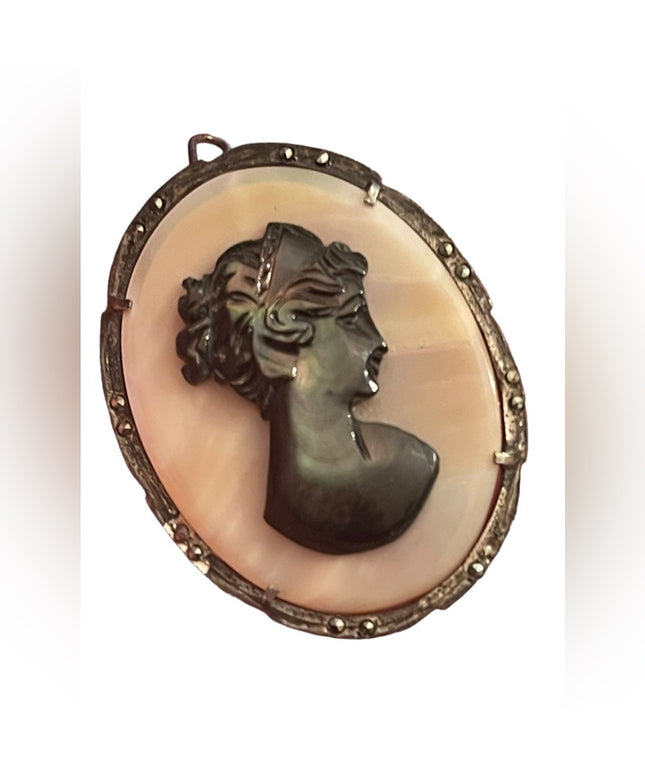 Antique 800 silver sterling MOP & Abalone hand carved pendant Cameo Brooch
