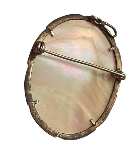 Antique 800 silver sterling MOP & Abalone hand carved pendant Cameo Brooch