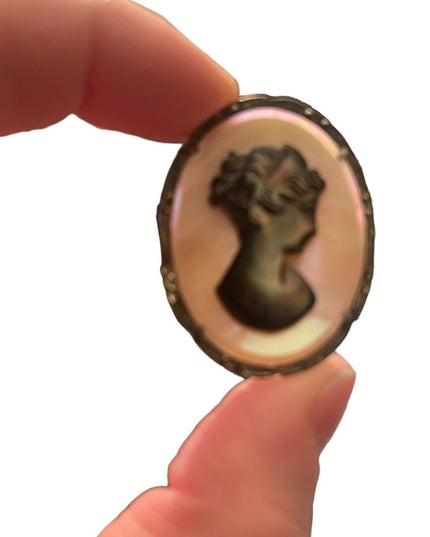 Antique 800 silver sterling MOP & Abalone hand carved pendant Cameo Brooch