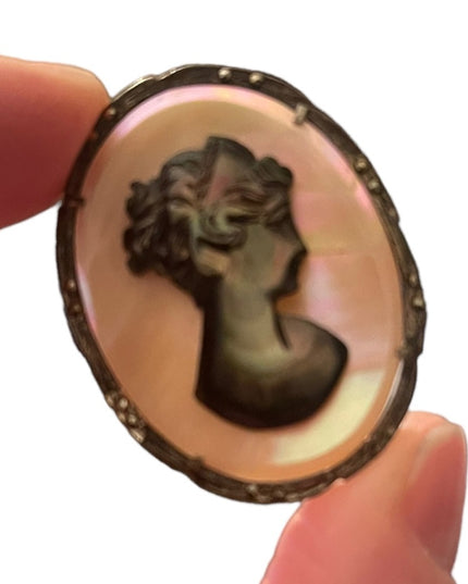 Antique 800 silver sterling MOP & Abalone hand carved pendant Cameo Brooch