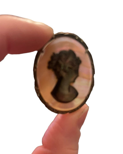 Antique 800 silver sterling MOP & Abalone hand carved pendant Cameo Brooch