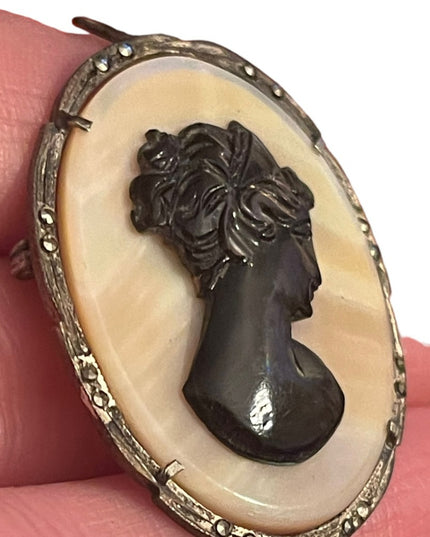 Antique 800 silver sterling MOP & Abalone hand carved pendant Cameo Brooch