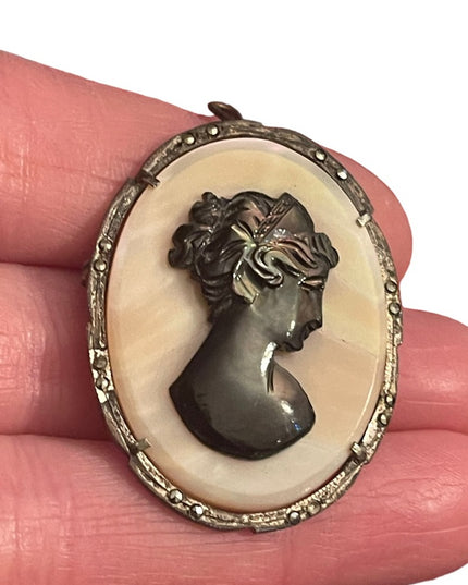 Antique 800 silver sterling MOP & Abalone hand carved pendant Cameo Brooch