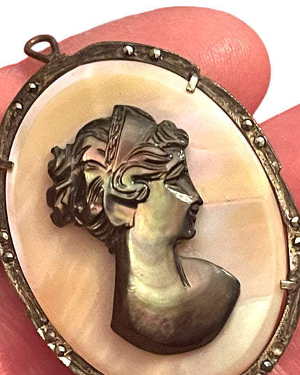 Antique 800 silver sterling MOP & Abalone hand carved pendant Cameo Brooch