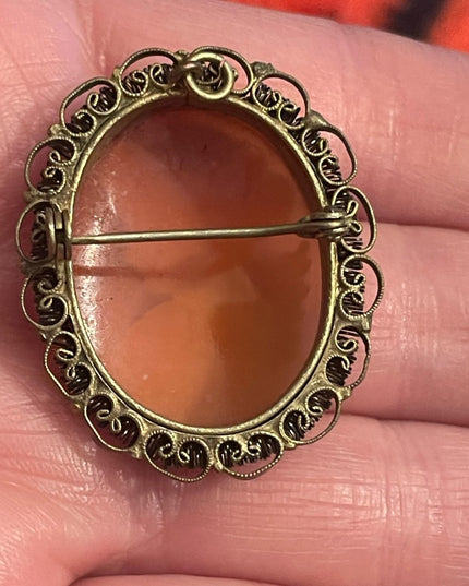 Antique Hand carved ornate victorian lady carved shell Cameo brooch pendant