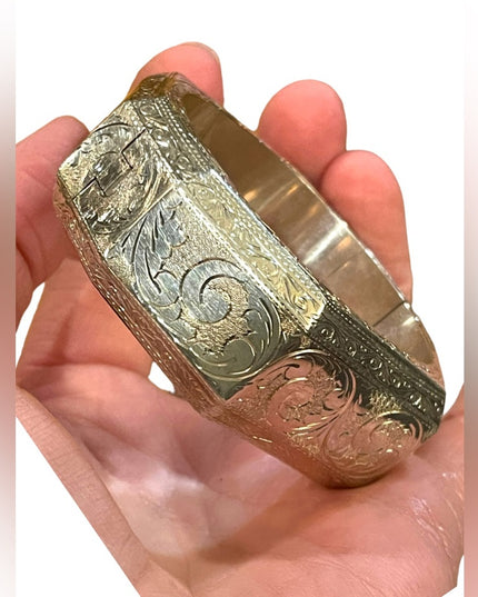 Rare Sterling silver etched Victorian 925 Chunky heavy Bangle bracelet Siam