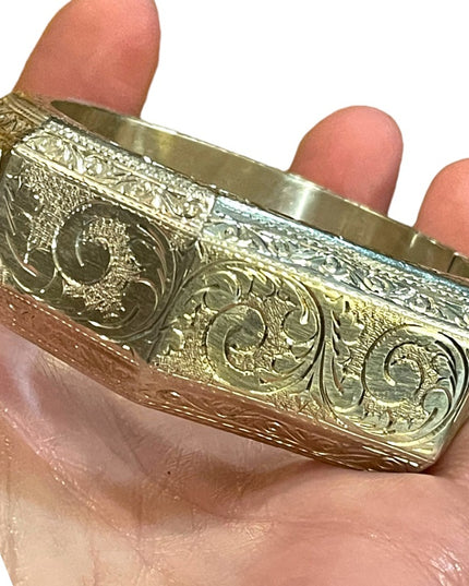 Rare Sterling silver etched Victorian 925 Chunky heavy Bangle bracelet Siam