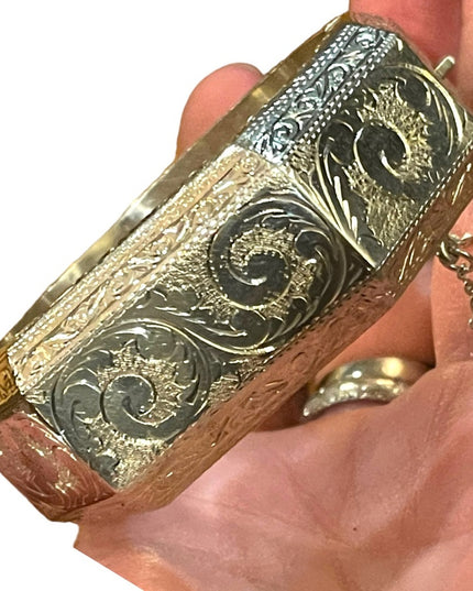 Rare Sterling silver etched Victorian 925 Chunky heavy Bangle bracelet Siam
